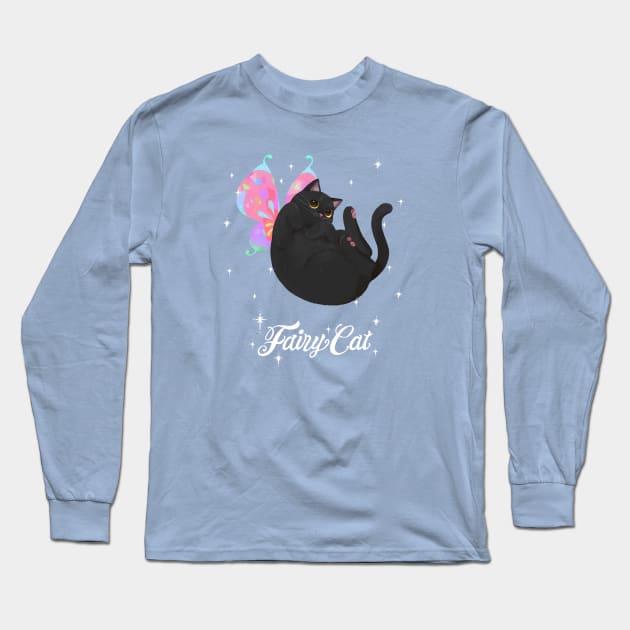Curled Up Black Fairy Cat (with white text) Long Sleeve T-Shirt by You Miichi